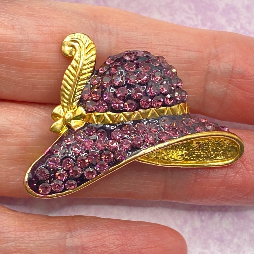 Signed LS Gold tone Hat Brooch Pave Purple Rhinestones With Feather